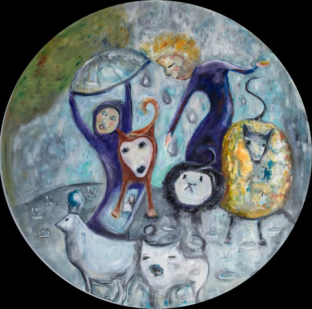  Dog Walk In The Rain - Oil on Birch, 60 cm diameter 